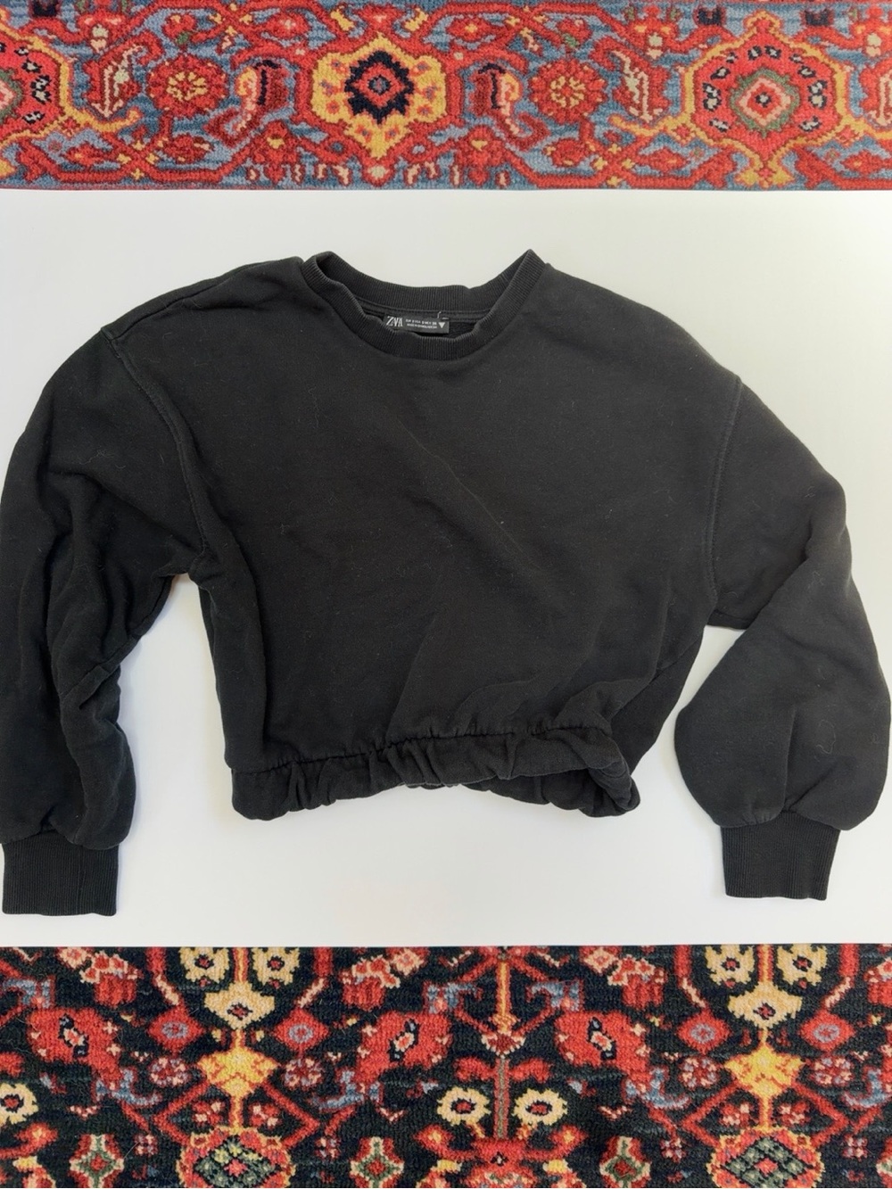 Zara Black Cropped Gathered Hem Sweatshirt Size Small